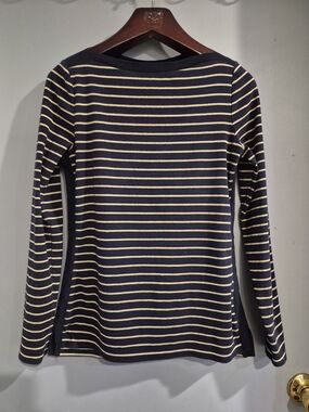 Lauren Ralph Lauren Boat Neck Navy and Gold Striped Long Sleeve Top